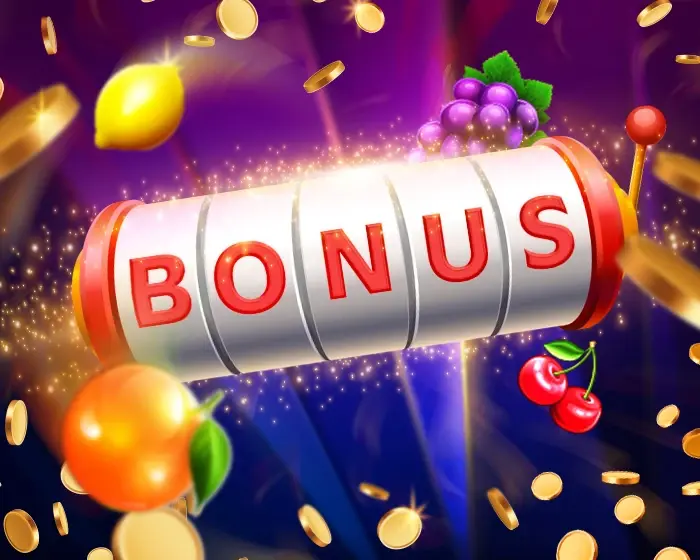 Bonusový výherní automat s ovocem a mincemi Výherní automat se slovem BONUS a ovocnými symboly v pozadí